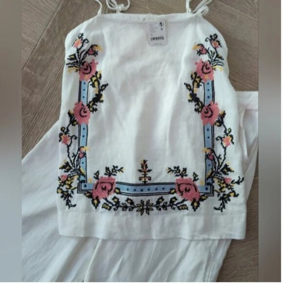 Free People NWT Ivory Embroidered Set Wide Leg Linen Blend Pants & Top - Picture 6 of 11